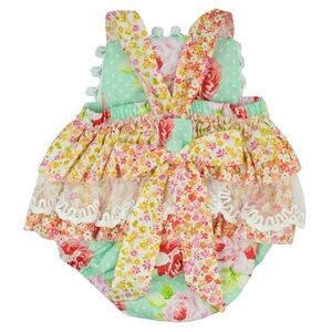 Haute Baby bubble romper garden isle patchwork boho lace ruffles sunsuit baby